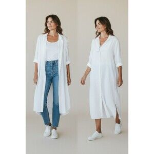 Sopliagon White Button Down Long Shirt Dress Linen Blend Tunic Size Medium NEW